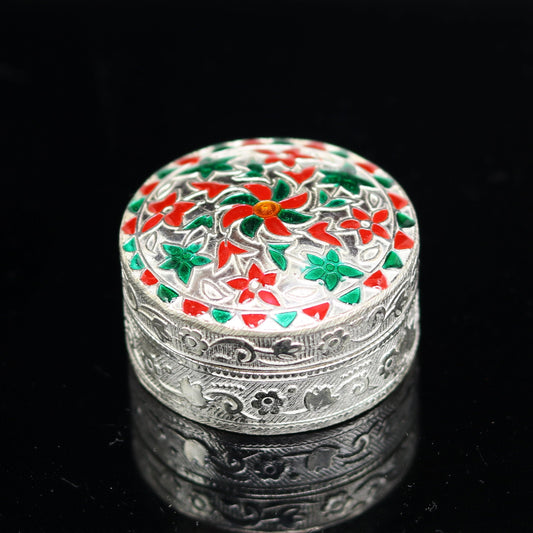 925 sterling silver trinket box, kumkum box/ casket box bridal gifts enamel jewelry box collection, container box, jewelry box art stb49 - TRIBAL ORNAMENTS