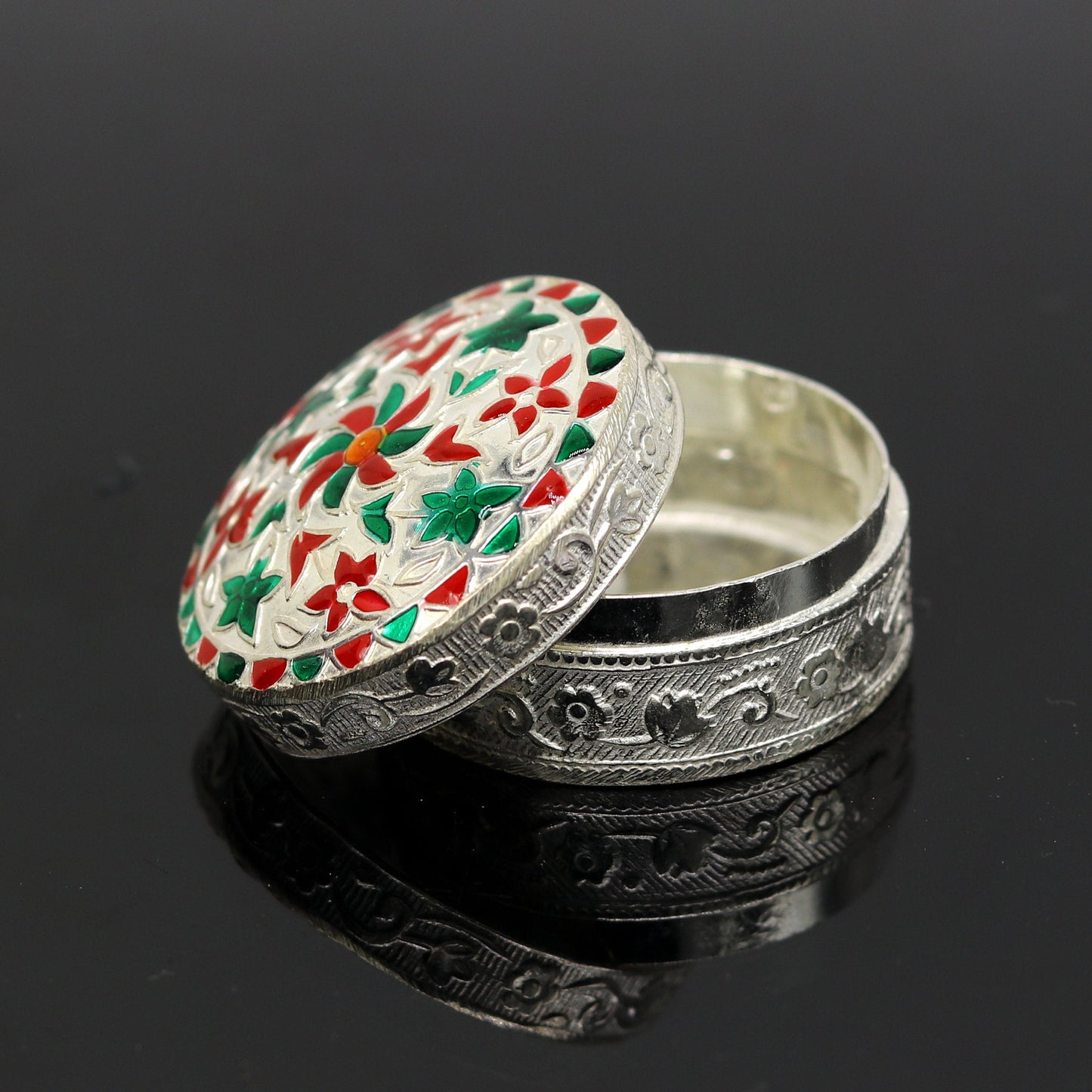 925 sterling silver trinket box, kumkum box/ casket box bridal gifts enamel jewelry box collection, container box, jewelry box art stb49 - TRIBAL ORNAMENTS