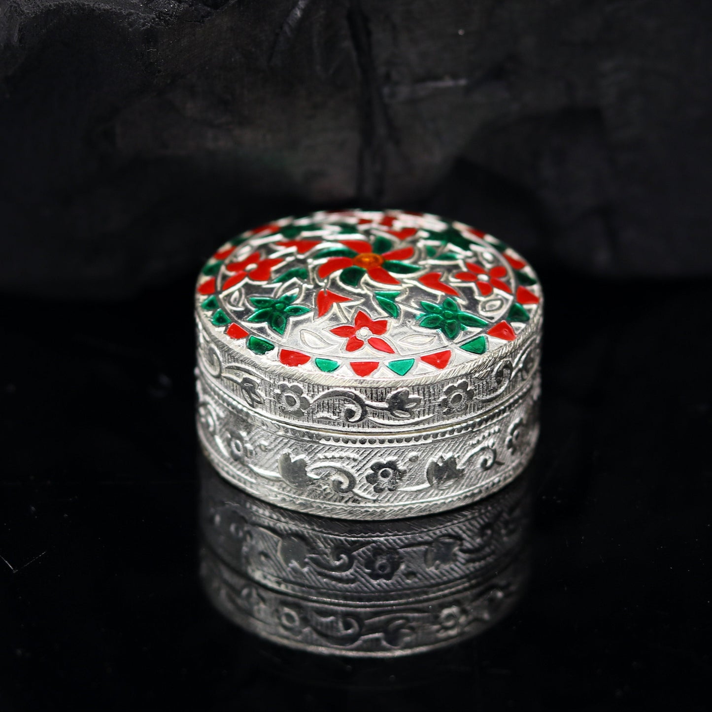 925 sterling silver trinket box, kumkum box/ casket box bridal gifts enamel jewelry box collection, container box, jewelry box art stb49 - TRIBAL ORNAMENTS