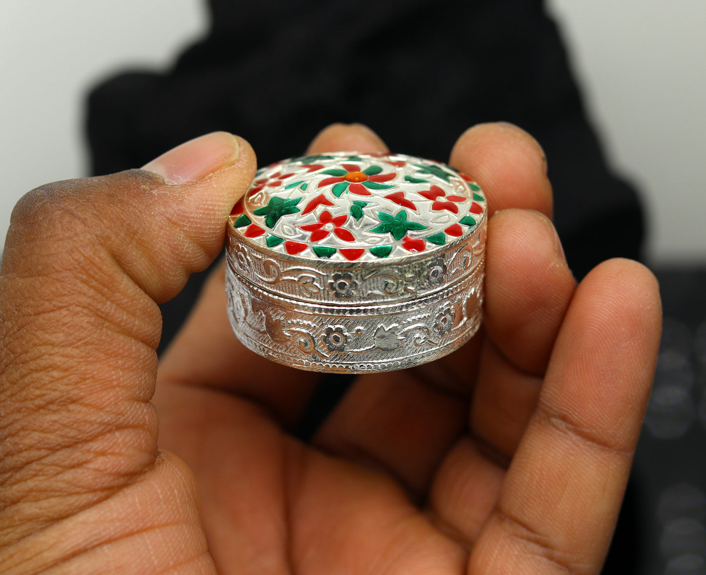 925 sterling silver trinket box, kumkum box/ casket box bridal gifts enamel jewelry box collection, container box, jewelry box art stb49 - TRIBAL ORNAMENTS