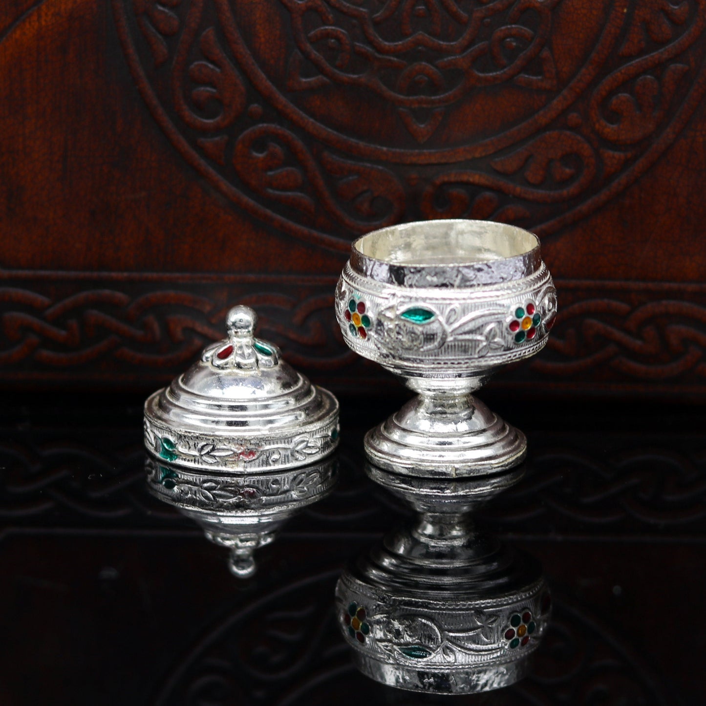 925 solid silver utensils trinket box, kumkum box/casket box bridal gifts enamel work box, container box, jewelry box, silver utensils stb67 - TRIBAL ORNAMENTS
