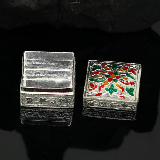 Enamel floral work square shape 925 solid silver utensils trinket box, casket box, container box, jewelry box, silver utensils, vessel stb50 - TRIBAL ORNAMENTS