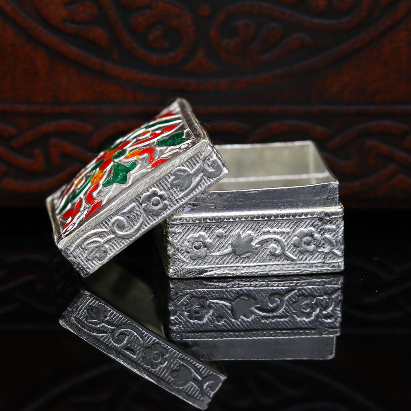 Enamel floral work square shape 925 solid silver utensils trinket box, casket box, container box, jewelry box, silver utensils, vessel stb50 - TRIBAL ORNAMENTS