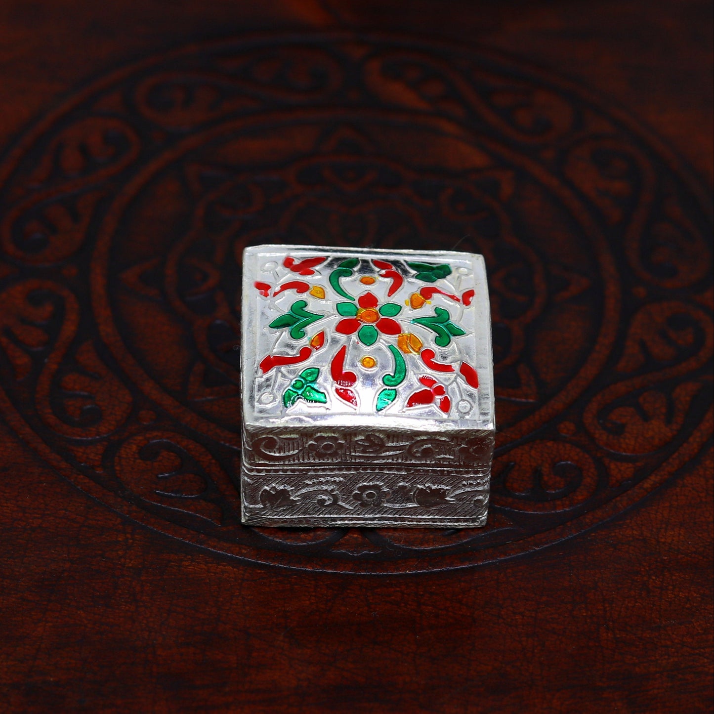 Enamel floral work square shape 925 solid silver utensils trinket box, casket box, container box, jewelry box, silver utensils, vessel stb50 - TRIBAL ORNAMENTS