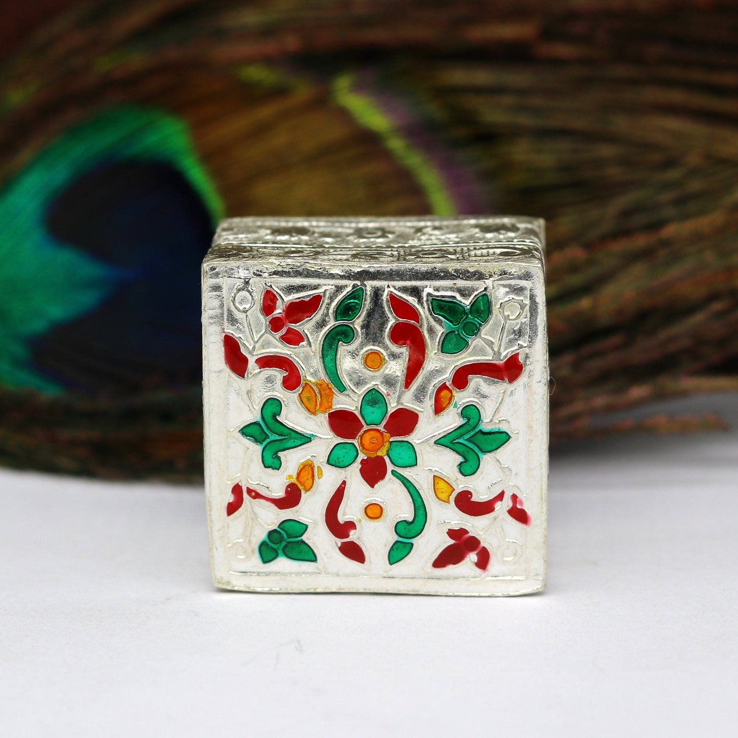 Enamel floral work square shape 925 solid silver utensils trinket box, casket box, container box, jewelry box, silver utensils, vessel stb50 - TRIBAL ORNAMENTS
