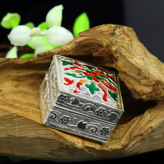 Enamel floral work square shape 925 solid silver utensils trinket box, casket box, container box, jewelry box, silver utensils, vessel stb50 - TRIBAL ORNAMENTS