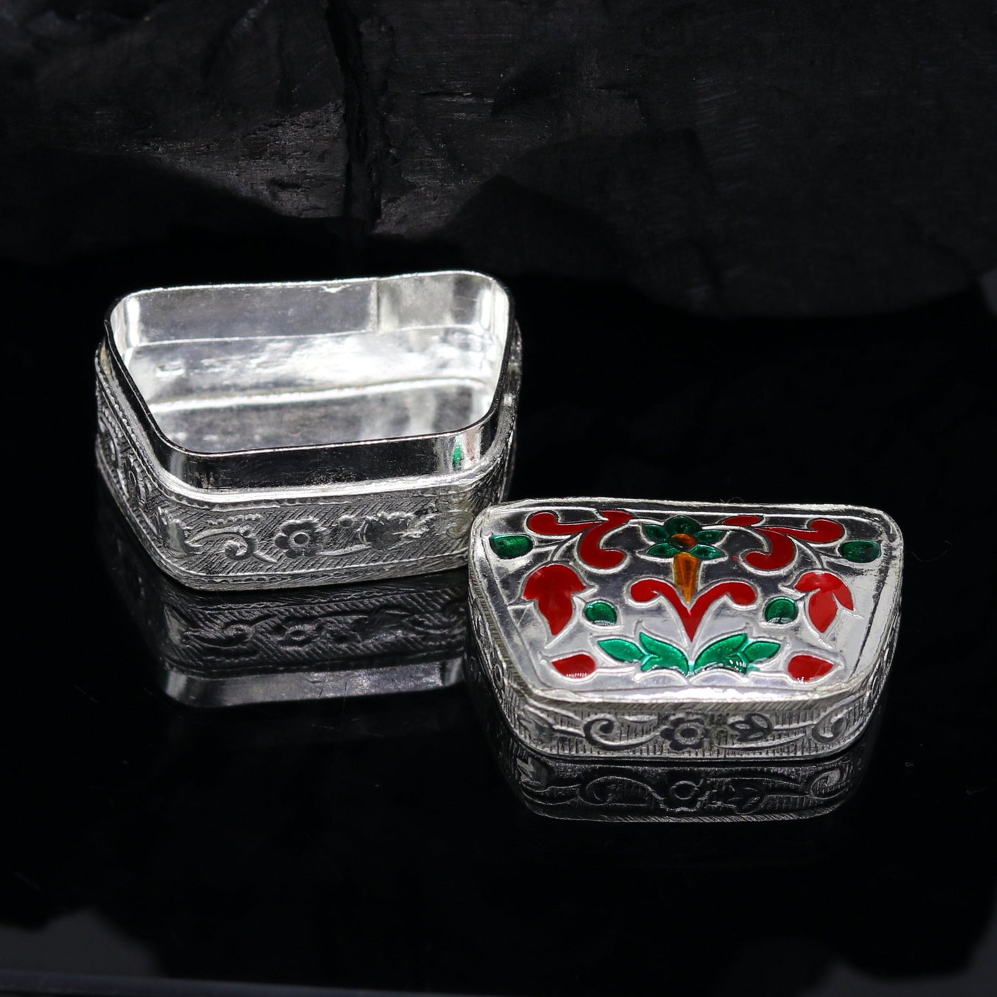 Enamel floral work 925 solid silver utensils trinket box, casket box, container box, jewelry box, silver utensils, vessels bridal gift stb60 - TRIBAL ORNAMENTS