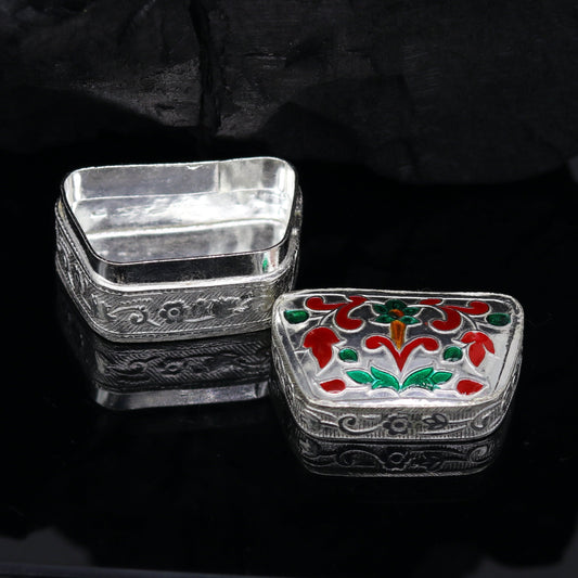 Enamel floral work 925 solid silver utensils trinket box, casket box, container box, jewelry box, silver utensils, vessels bridal gift stb60 - TRIBAL ORNAMENTS