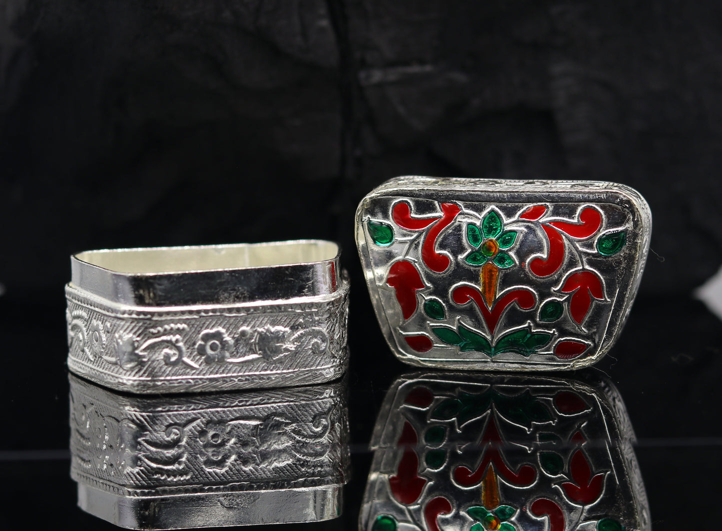 Enamel floral work 925 solid silver utensils trinket box, casket box, container box, jewelry box, silver utensils, vessels bridal gift stb60 - TRIBAL ORNAMENTS