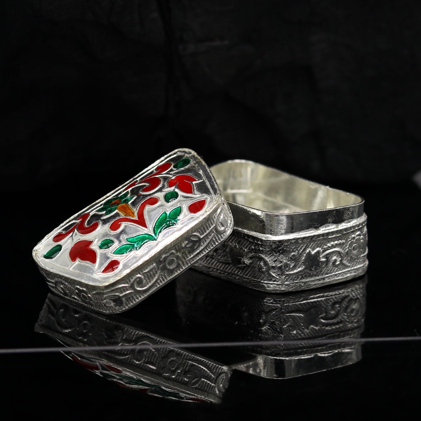 Enamel floral work 925 solid silver utensils trinket box, casket box, container box, jewelry box, silver utensils, vessels bridal gift stb60 - TRIBAL ORNAMENTS