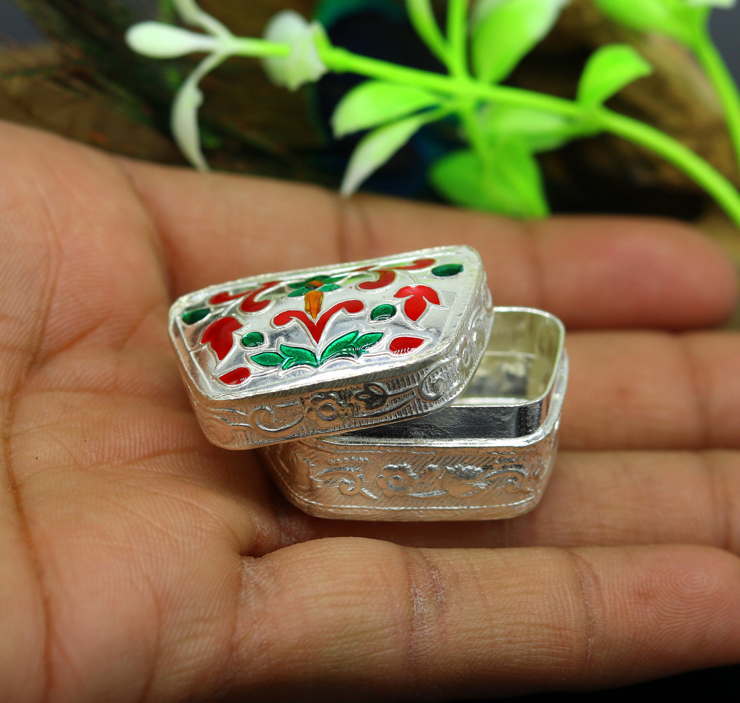 Enamel floral work 925 solid silver utensils trinket box, casket box, container box, jewelry box, silver utensils, vessels bridal gift stb60 - TRIBAL ORNAMENTS