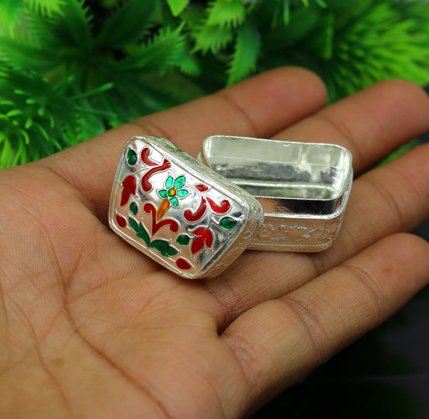 Enamel floral work 925 solid silver utensils trinket box, casket box, container box, jewelry box, silver utensils, vessels bridal gift stb60 - TRIBAL ORNAMENTS