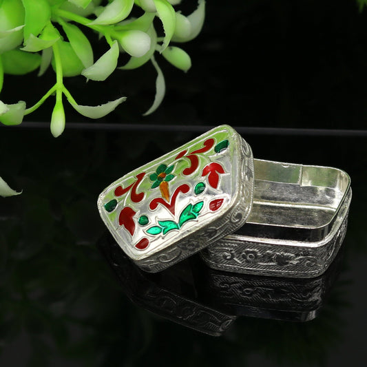 Enamel floral work 925 solid silver utensils trinket box, casket box, container box, jewelry box, silver utensils, vessels bridal gift stb60 - TRIBAL ORNAMENTS
