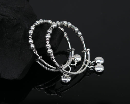 Dainty 925 sterling silver handmade beaded vintage adjustable charm baby bangles kada, silver new born kids jewelry, pretty gifts bbk65 - TRIBAL ORNAMENTS