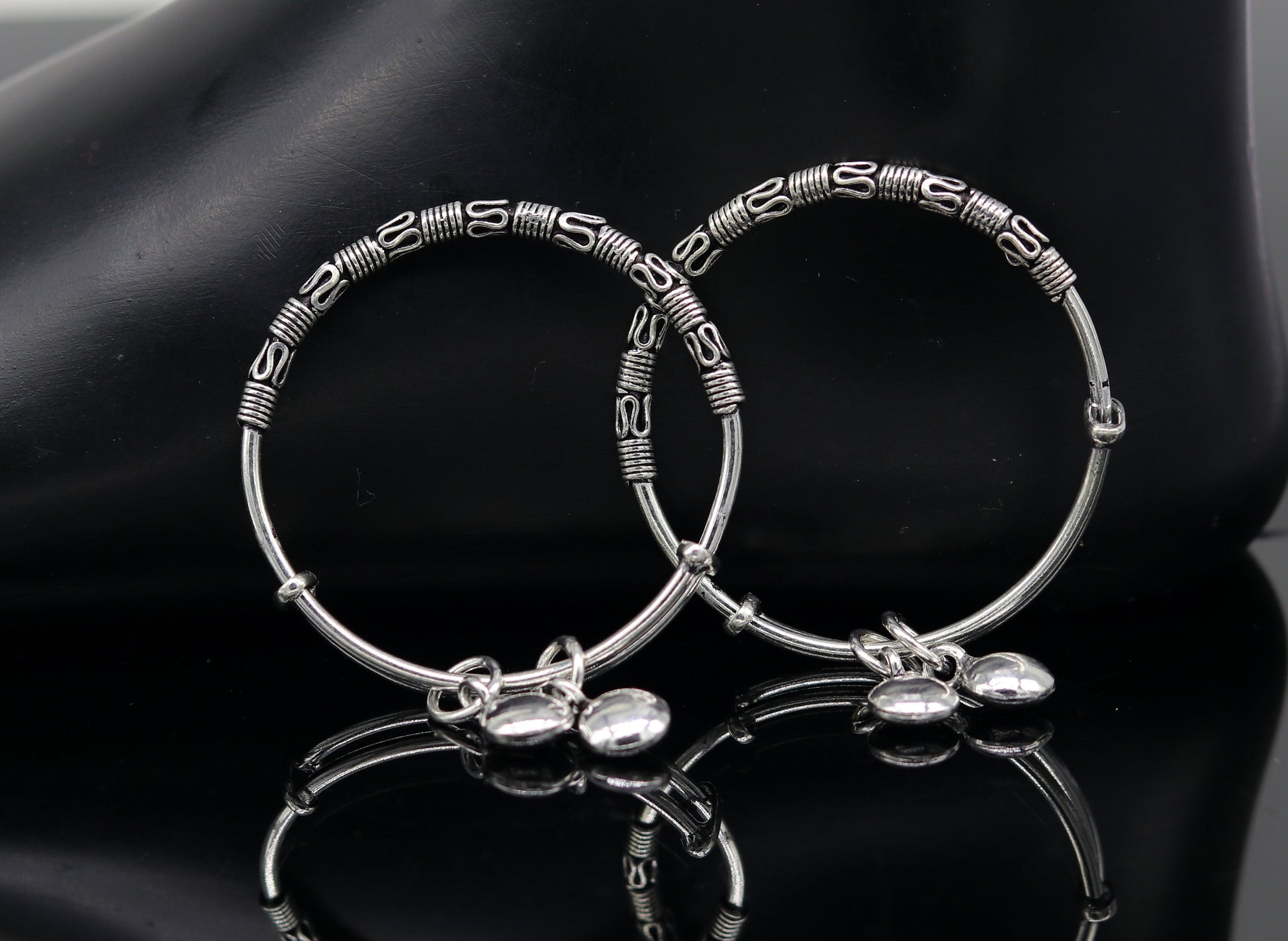 Exclusive stylish 925 sterling silver adjustable charm baby bangles kada, silver new born kids jewelry, oxidized jewelry bbk67 - TRIBAL ORNAMENTS