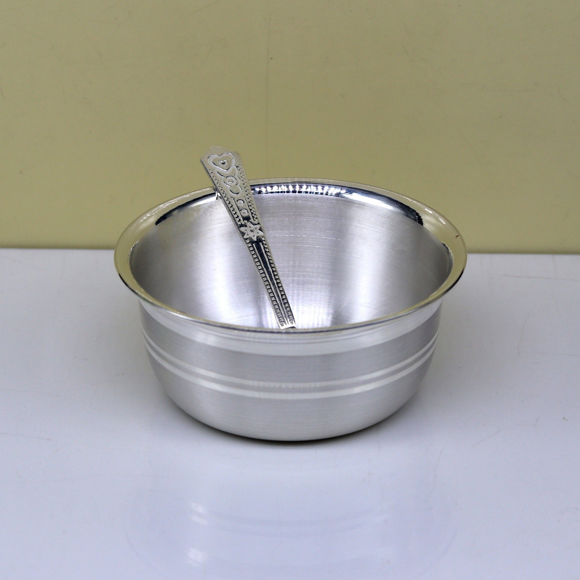 999 pure silver handmade solid bowl and spoon, table serving bowl, silver vessels, food serving utensils, silver kitchen art baby set sv85 - TRIBAL ORNAMENTS