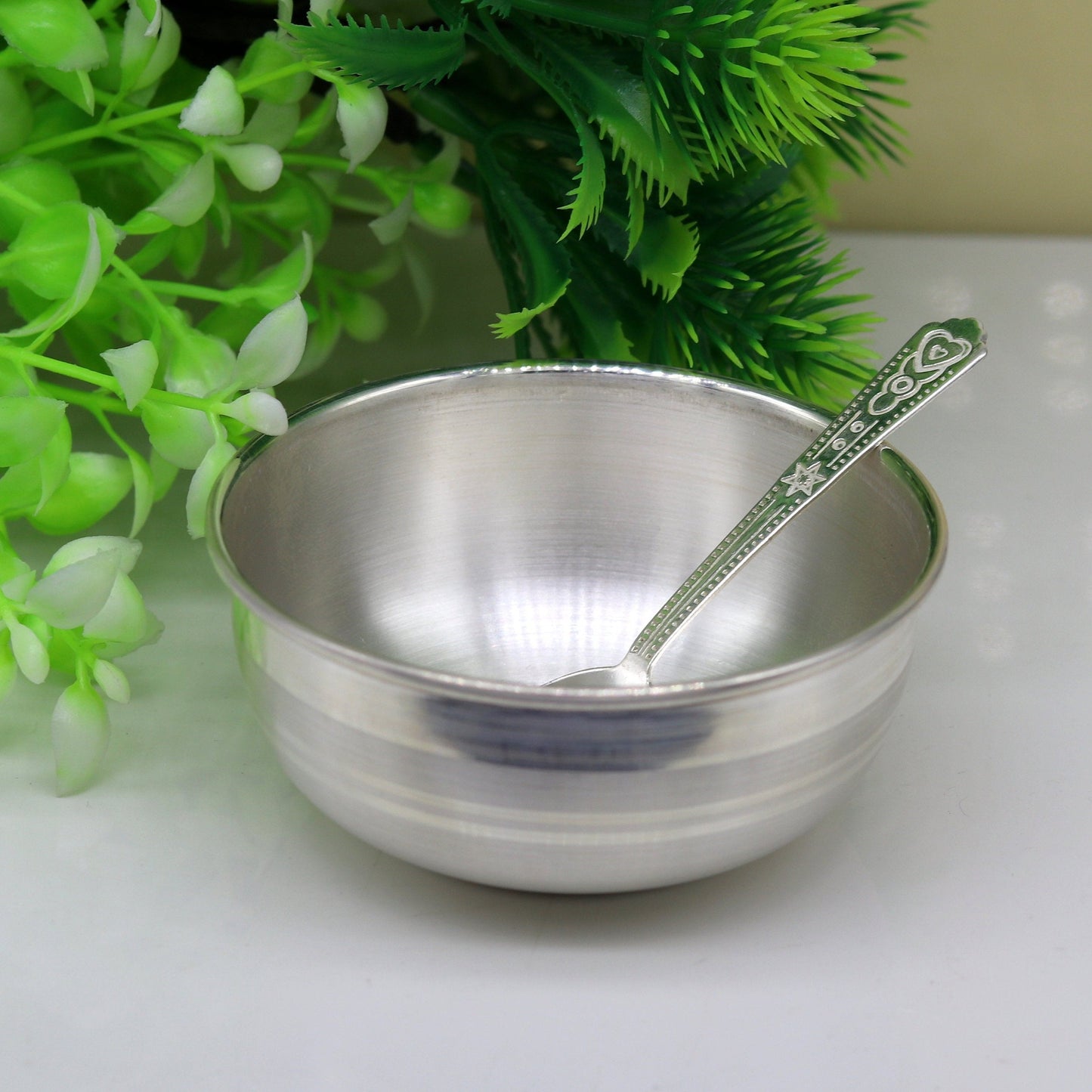 999 solid pure silver handmade bowl and spoon, table serving bowl, silver vessel, baby feeding utensils, silver kitchen art baby set sv86 - TRIBAL ORNAMENTS