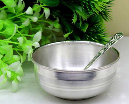999 solid pure silver handmade bowl and spoon, table serving bowl, silver vessel, baby feeding utensils, silver kitchen art baby set sv86 - TRIBAL ORNAMENTS