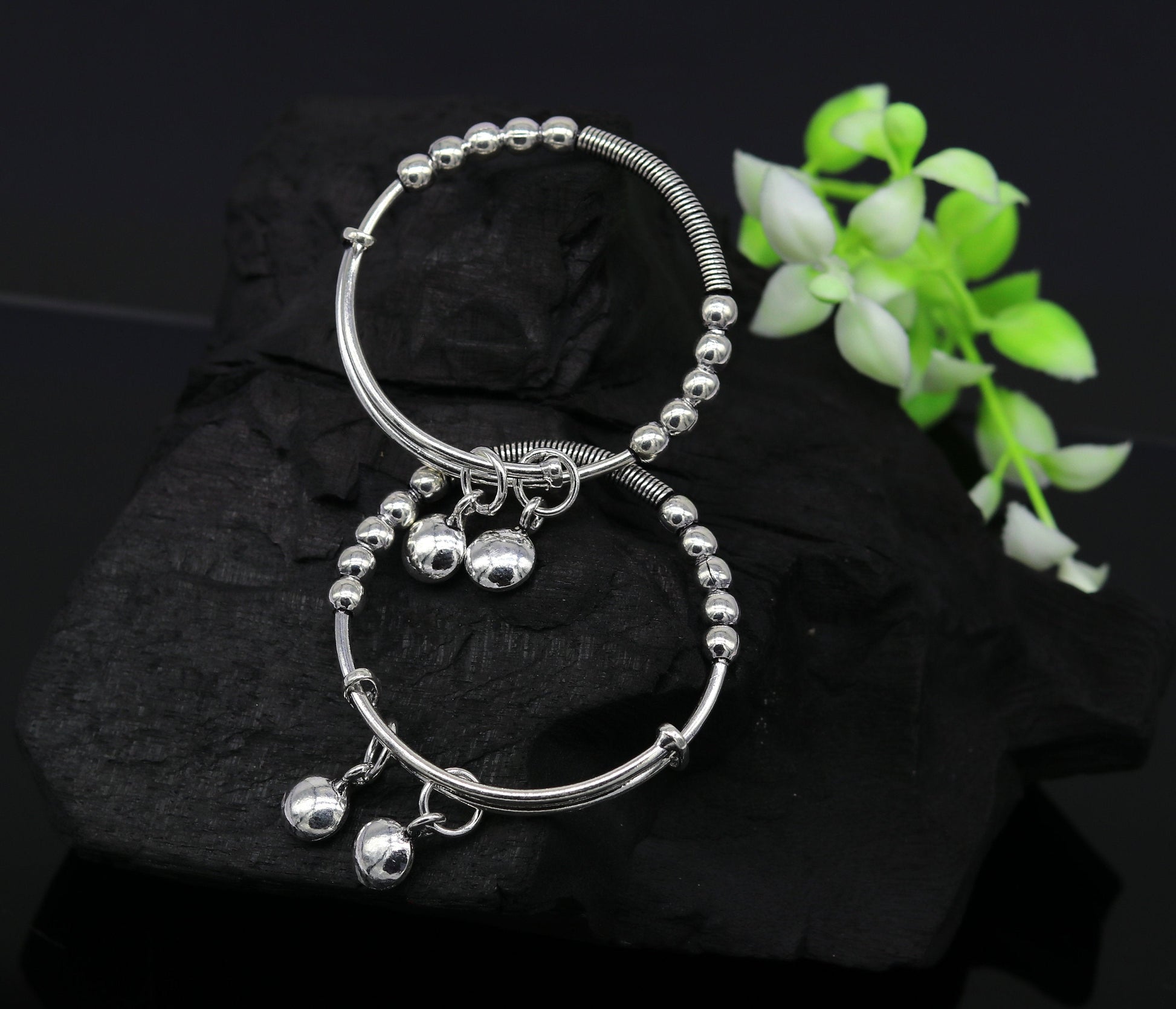 925 sterling silver handmade beaded design adjustable baby bangle bracelet, hangings charm bangles unisex personalized kids jewelry bbk75 - TRIBAL ORNAMENTS