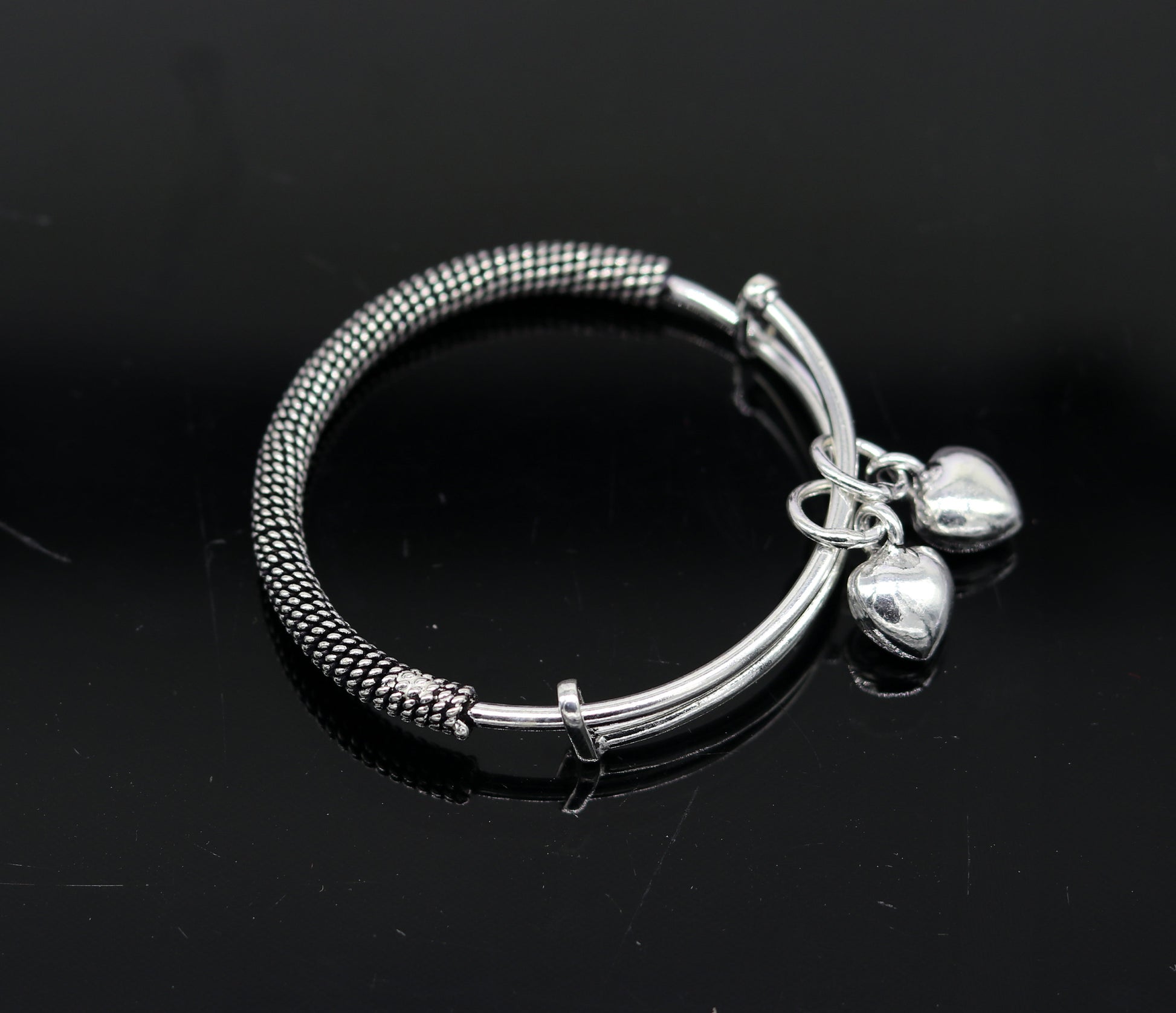 Stylish charm oxidized 925 sterling silver adjustable baby solid bangle bracelet, charm bangle, tribal unisex kids jewelry bbk84 - TRIBAL ORNAMENTS