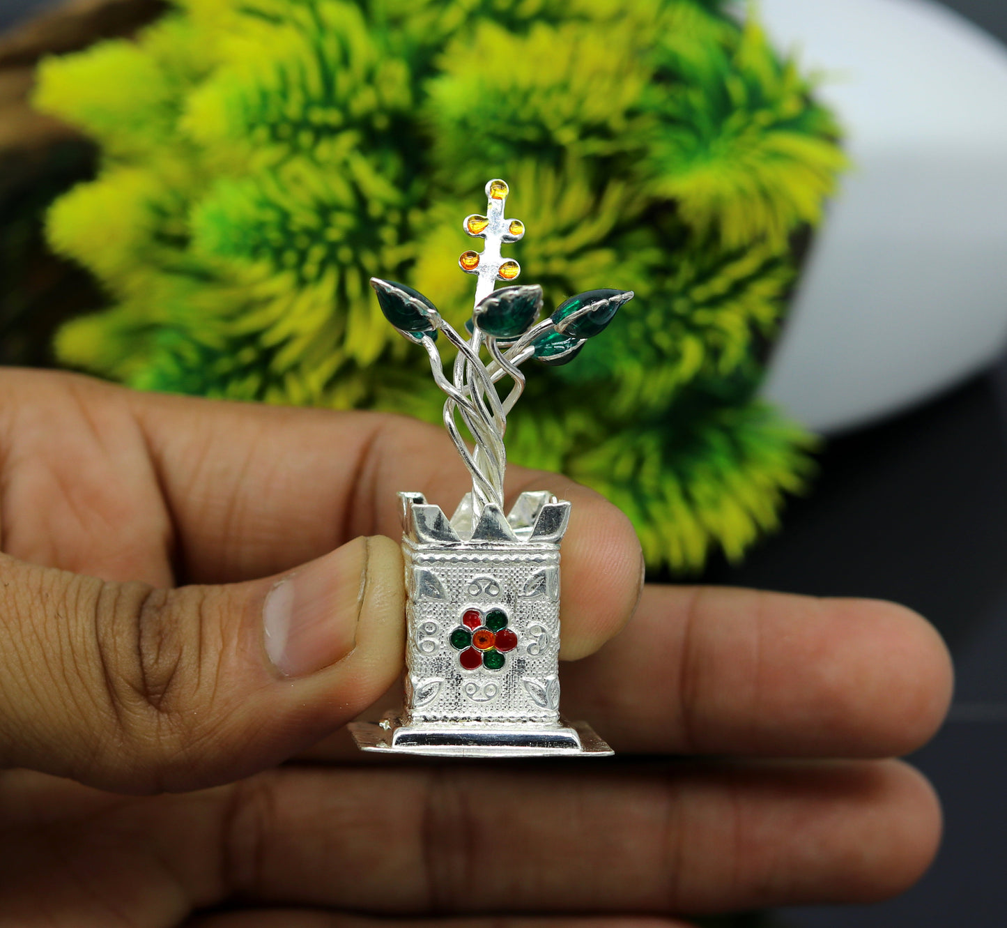 925 sterling silver handmade mini tulsi plant basil rosary plant for puja temple article, excellent customized silver utensils article su16 - TRIBAL ORNAMENTS