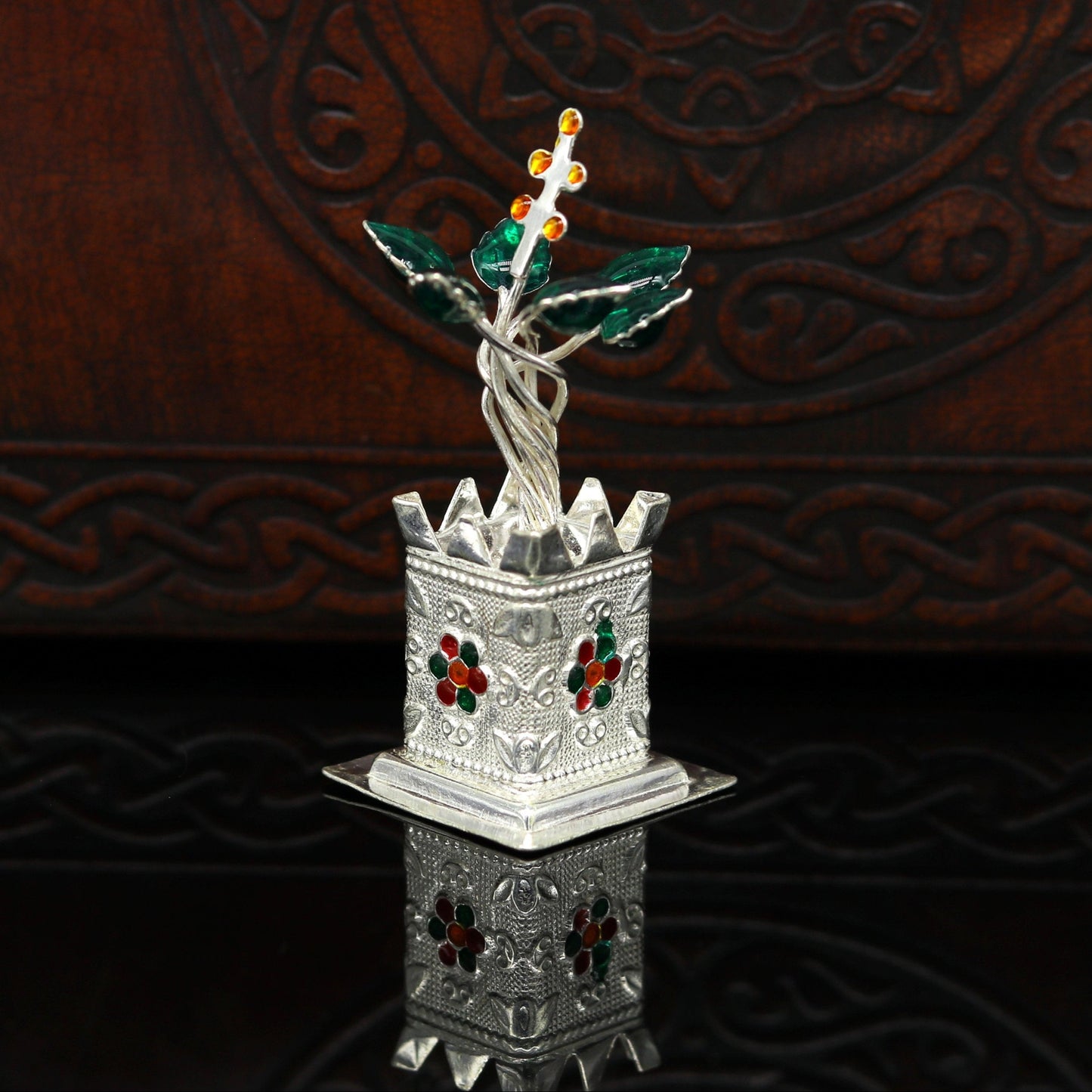 925 sterling silver handmade mini tulsi plant basil rosary plant for puja temple article, excellent customized silver utensils article su16 - TRIBAL ORNAMENTS