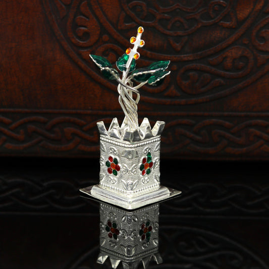 925 sterling silver handmade  mini tulsi plant basil rosary plant for puja temple article, excellent customized silver utensils article su16 - TRIBAL ORNAMENTS