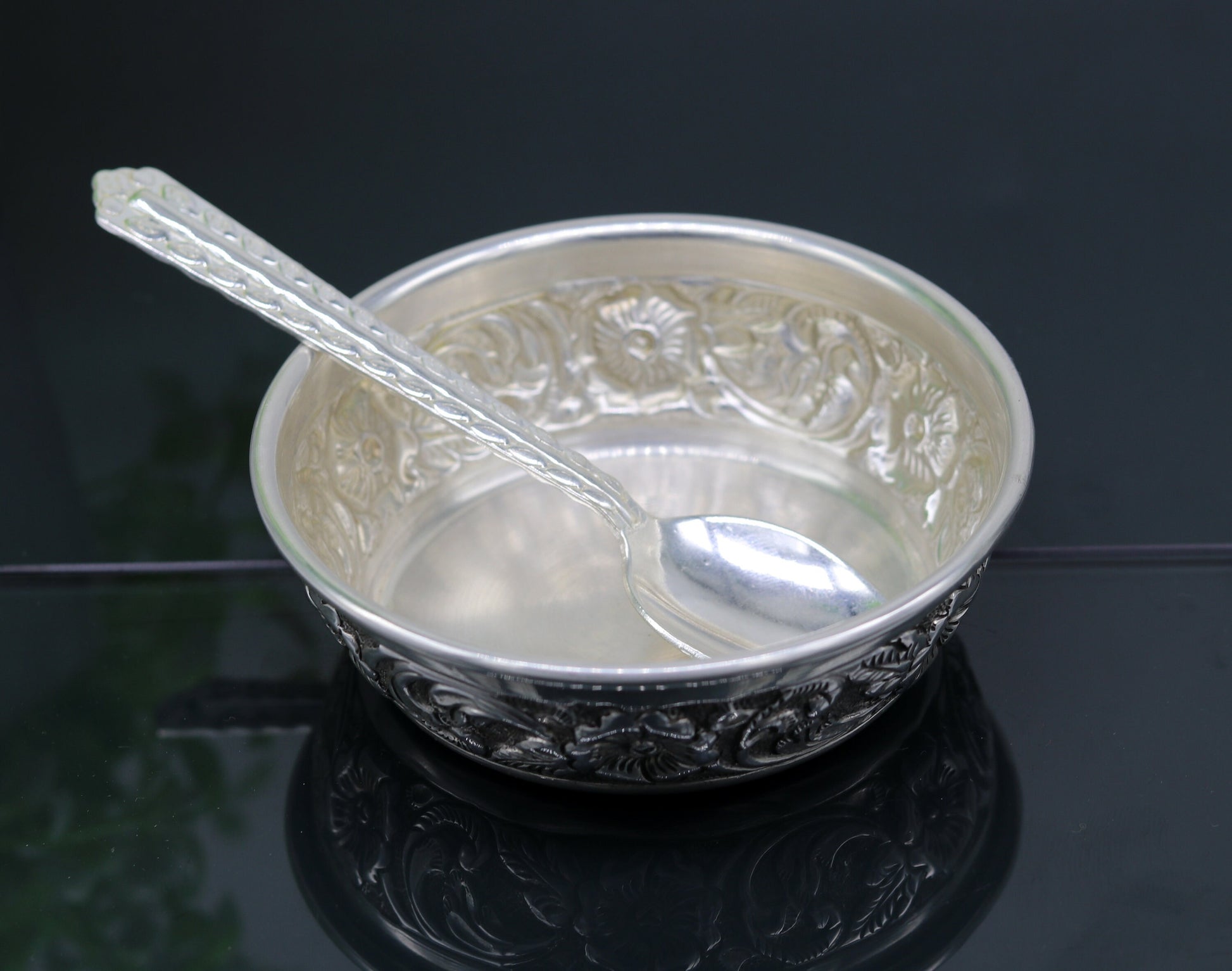 925 sterling silver handcrafted work silver bowl and spoon, silver has antibacterial properties, best gift to baby for rice ceremony sv74 - TRIBAL ORNAMENTS