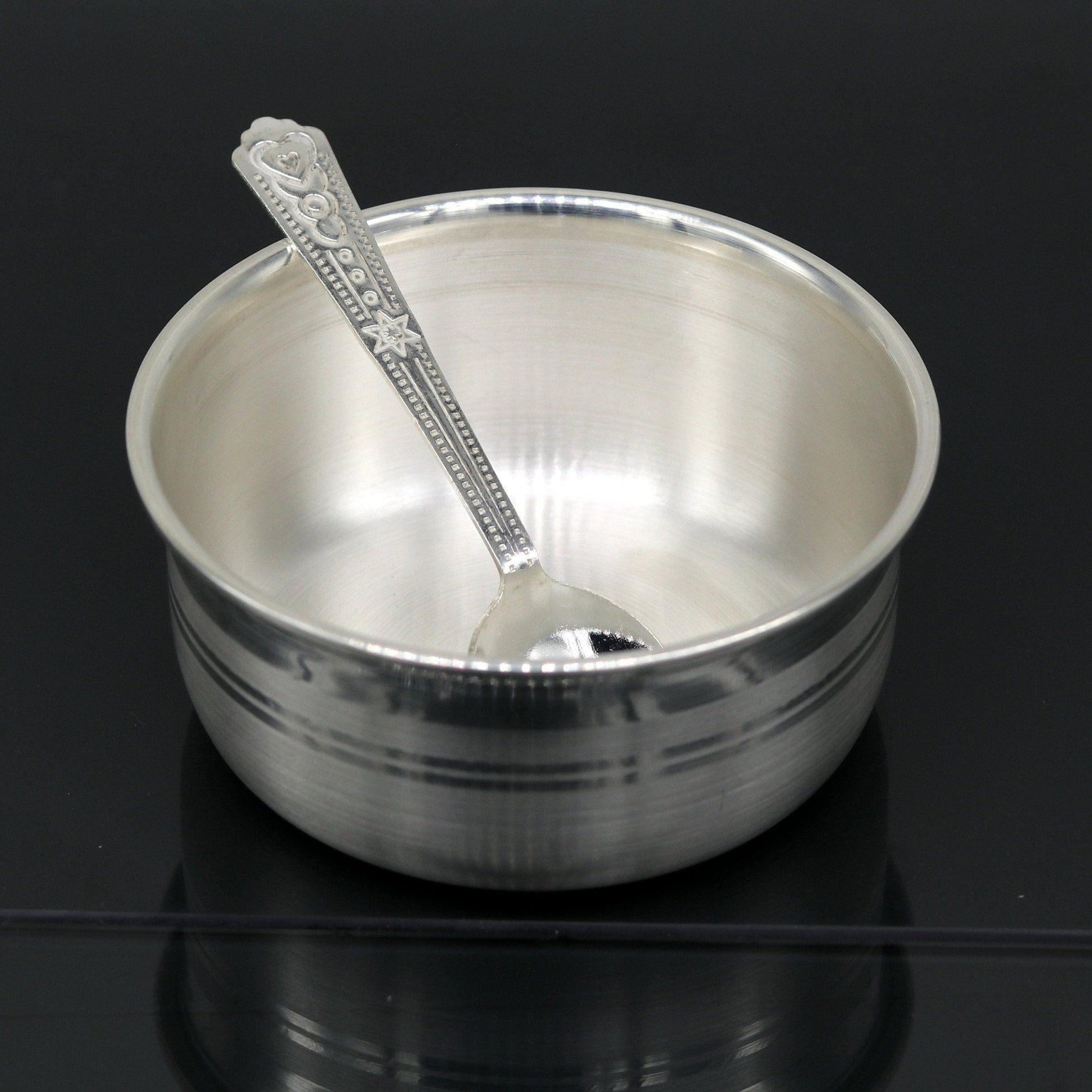 999 pure fine silver handmade silver bowl and spoon set, silver utensils silver art, tray stay baby/kids healthy, silver vessels sv75 - TRIBAL ORNAMENTS