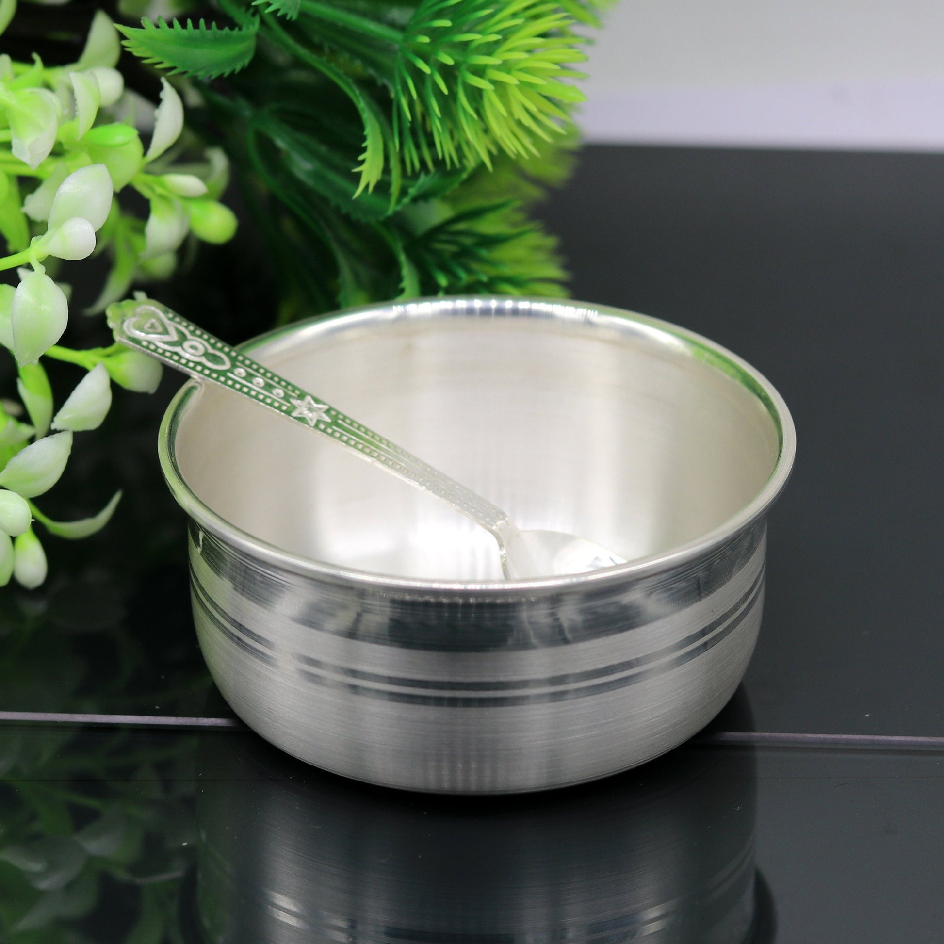 999 pure fine silver handmade silver bowl and spoon set, silver utensils silver art, tray stay baby/kids healthy, silver vessels sv76 - TRIBAL ORNAMENTS