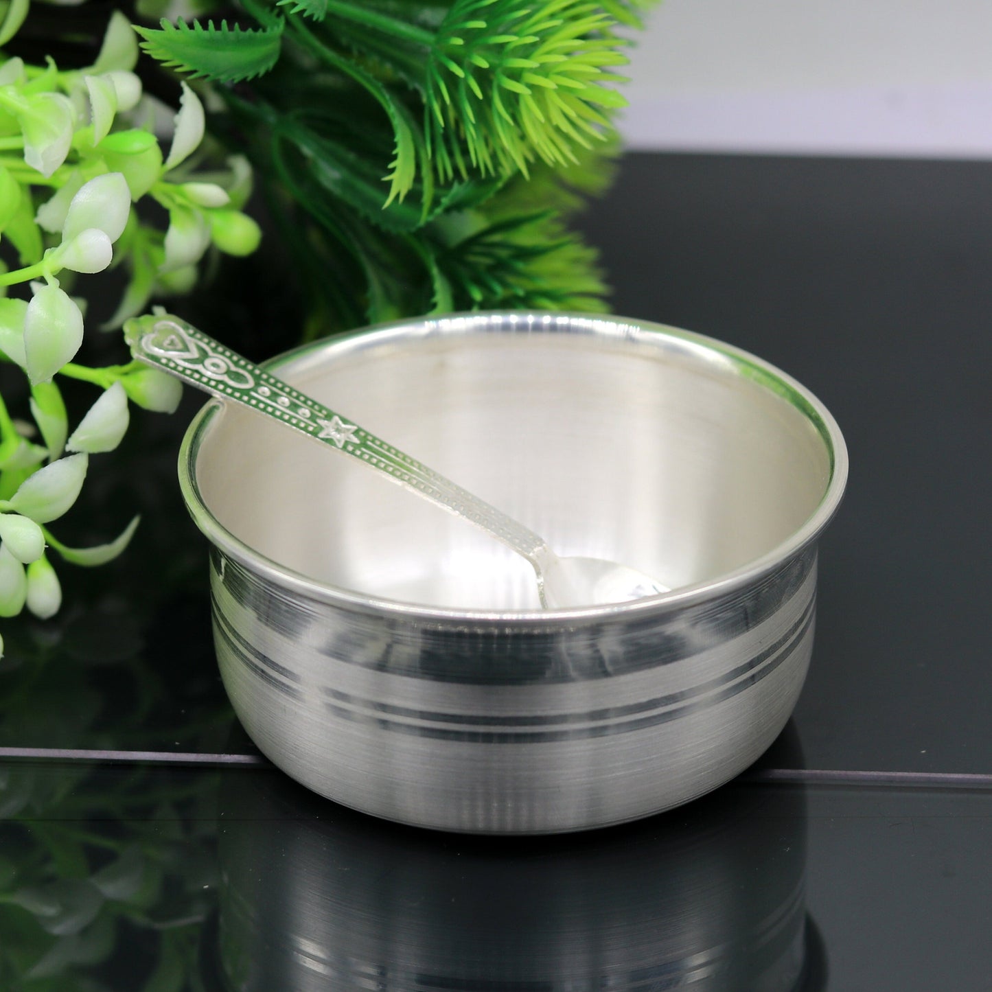 999 pure fine silver handmade silver bowl and spoon set, silver utensils, best kids gift for rice ceremony /Annaprashana utensils sv76 - TRIBAL ORNAMENTS