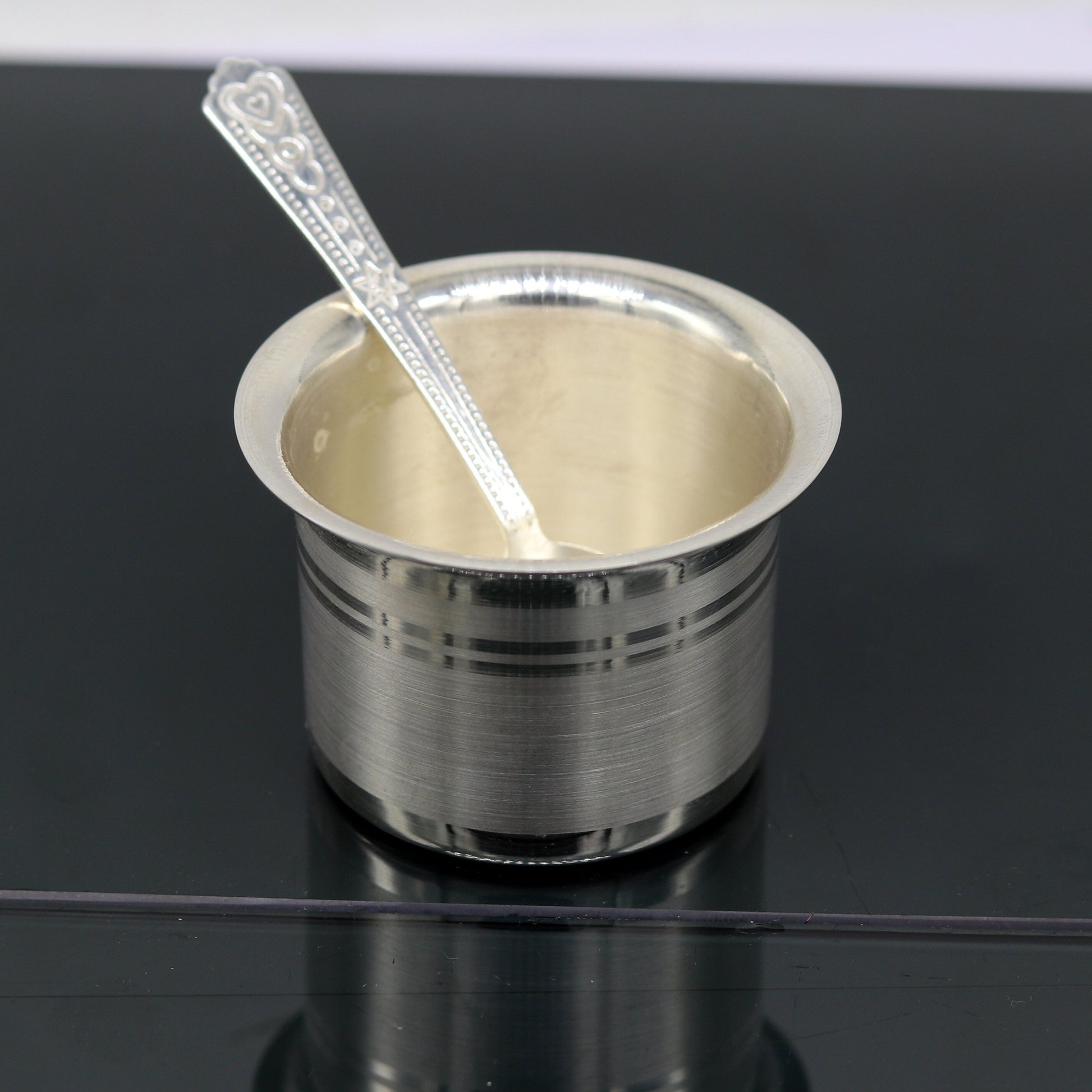 999 pure silver handmade solid bowl and spoon, silver baby feeding set tumbler bowl, stay healthy, silver utensils for rice ceremony sv79 - TRIBAL ORNAMENTS