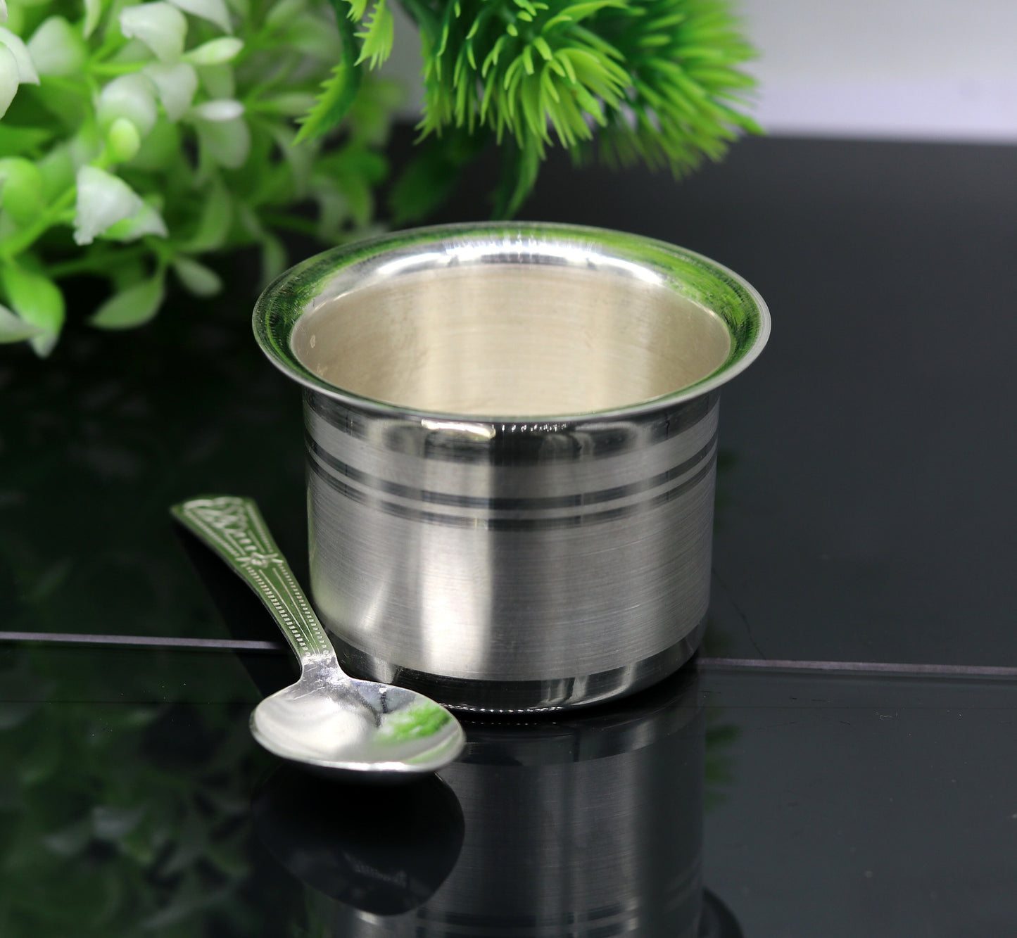 999 pure silver handmade solid bowl and spoon, silver baby feeding set tumbler bowl, stay healthy, silver utensils for rice ceremony sv79 - TRIBAL ORNAMENTS