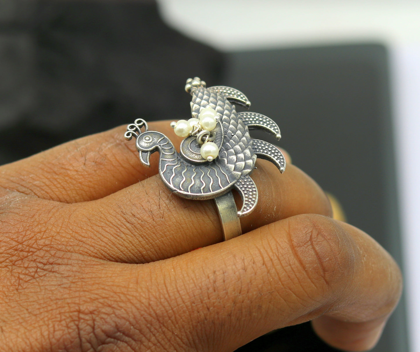 925 sterling silver handmade vintage antique customized peacock style amazing pearl ring, adjustable charm ring, bridesmaid gift ring215 - TRIBAL ORNAMENTS