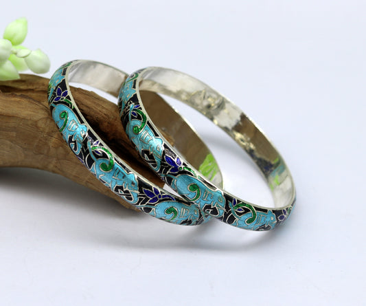 925 sterling silver handmade enamel elephant work bridesmaid bangle bracelet for girl's women's personalized gifting tribal jewelry nba84 - TRIBAL ORNAMENTS
