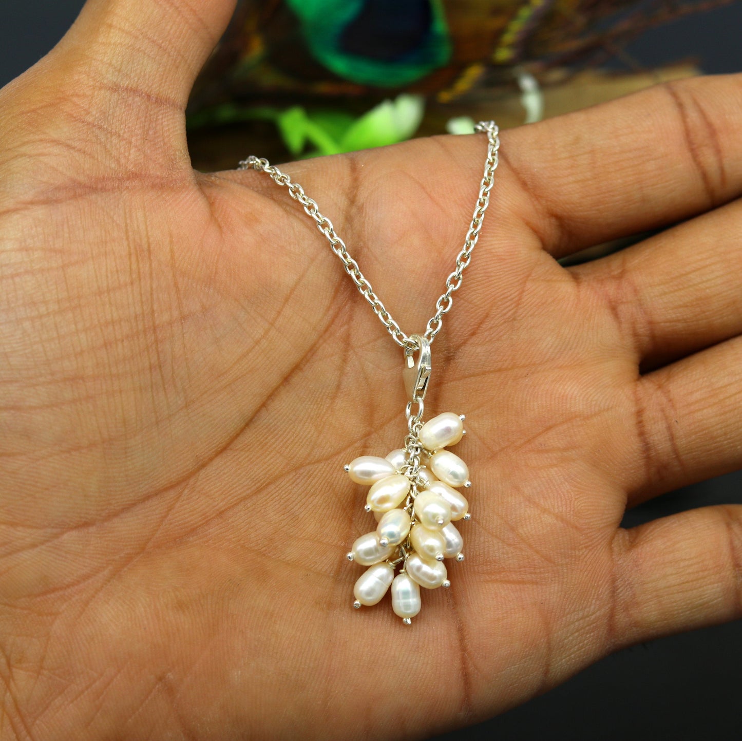 Awesome natural oval shape pearl bunch pendant 925 sterling silver 18 inches long necklace, gorgeous new fancy necklace brides jewelry nec62 - TRIBAL ORNAMENTS