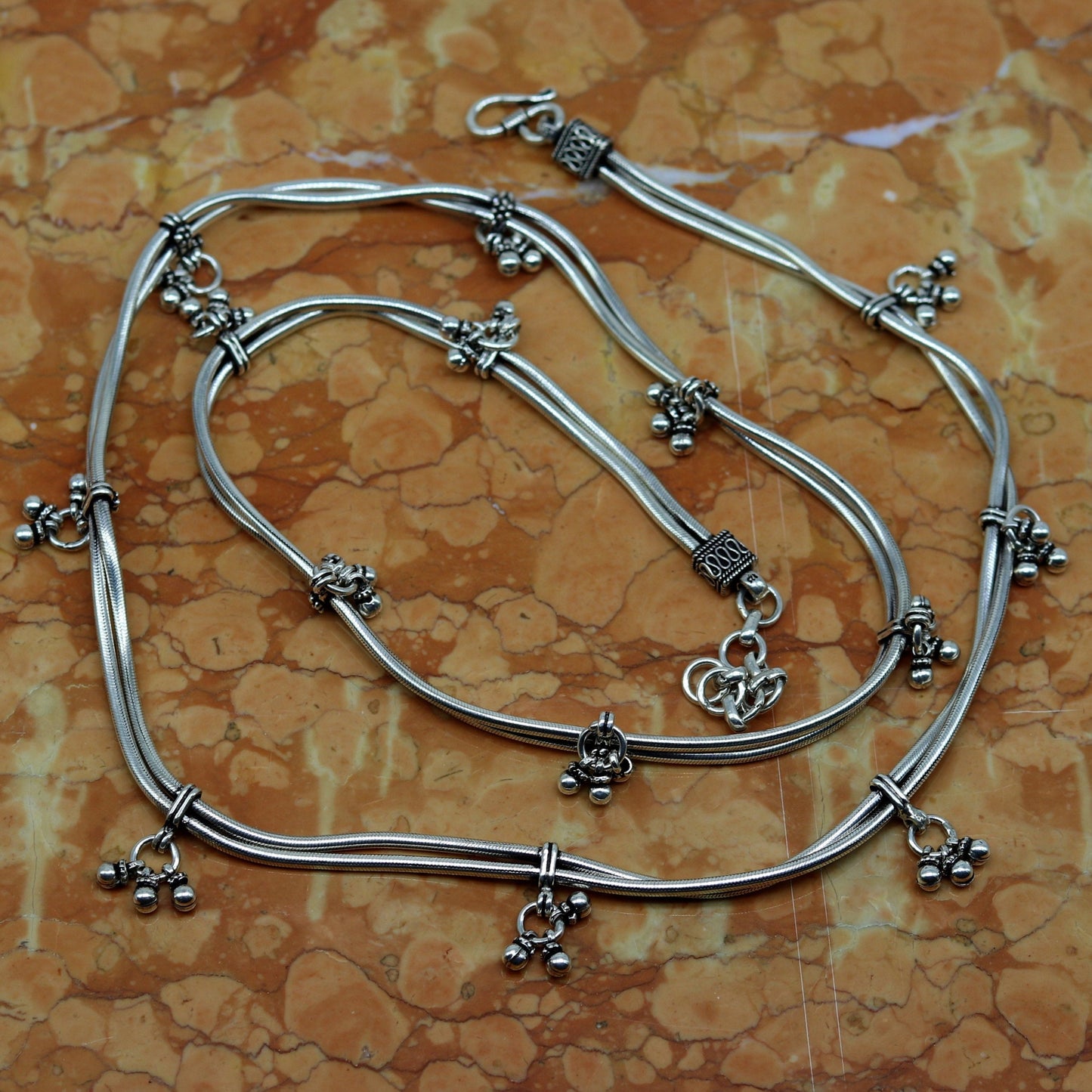 34" to 36.5" handmade adjustable 925 sterling silver double line snake chain waist belt, belly chain waist chain with hanging drops nwch21 - TRIBAL ORNAMENTS