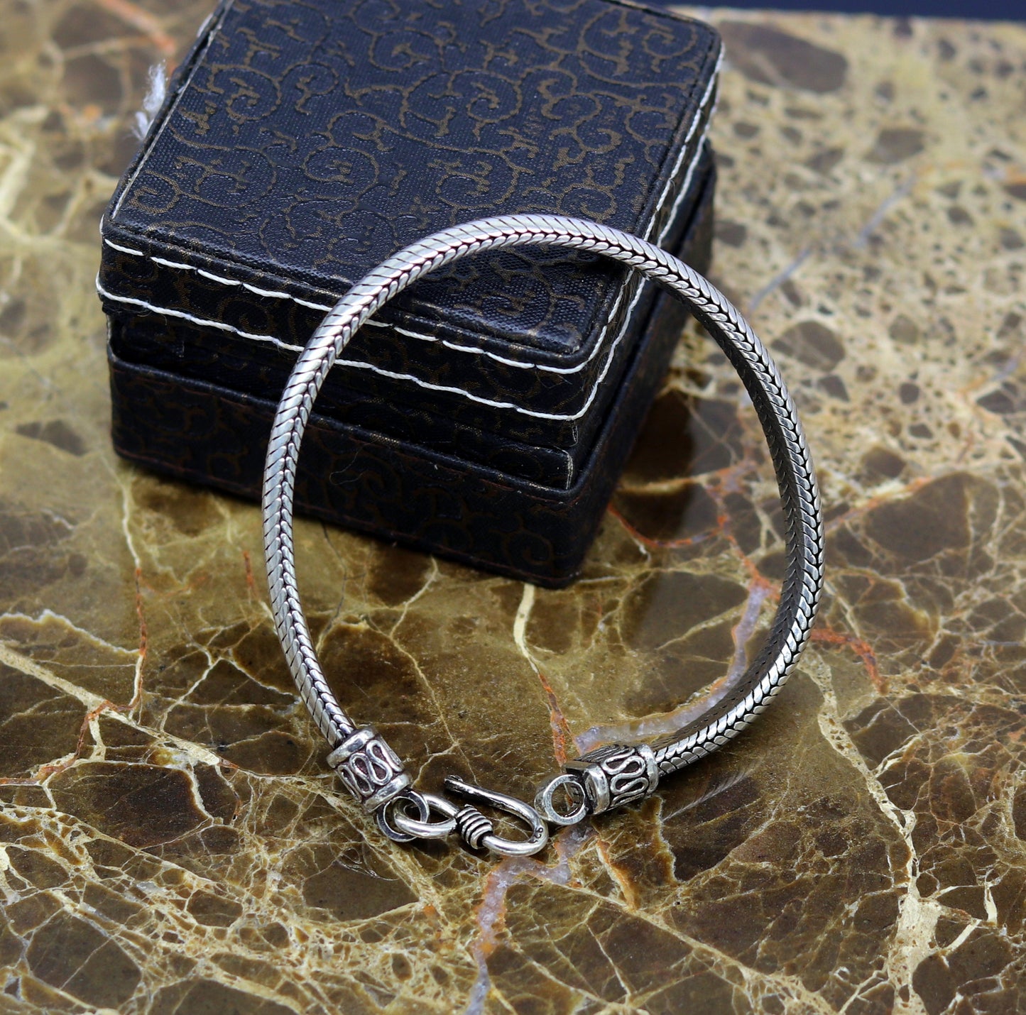 8.5" 925 sterling silver handmade vintage design snake chain style half round D shape bracelet, customized stylish unisex gift nsbr210 - TRIBAL ORNAMENTS