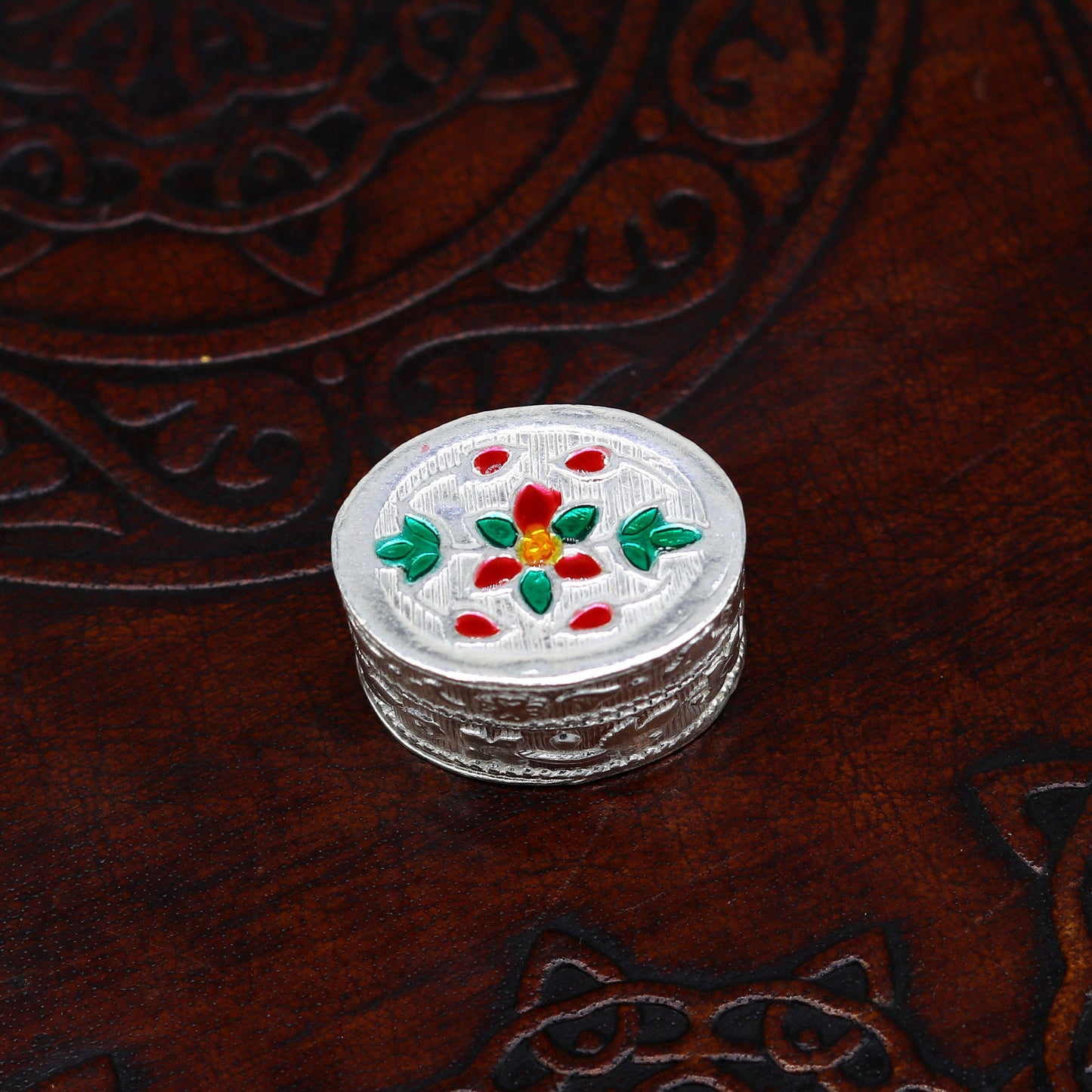 925 sterling silver handmade gorgeous oval shape small trinket box, floral enamel casket box, gifting container box, silver article stb76 - TRIBAL ORNAMENTS
