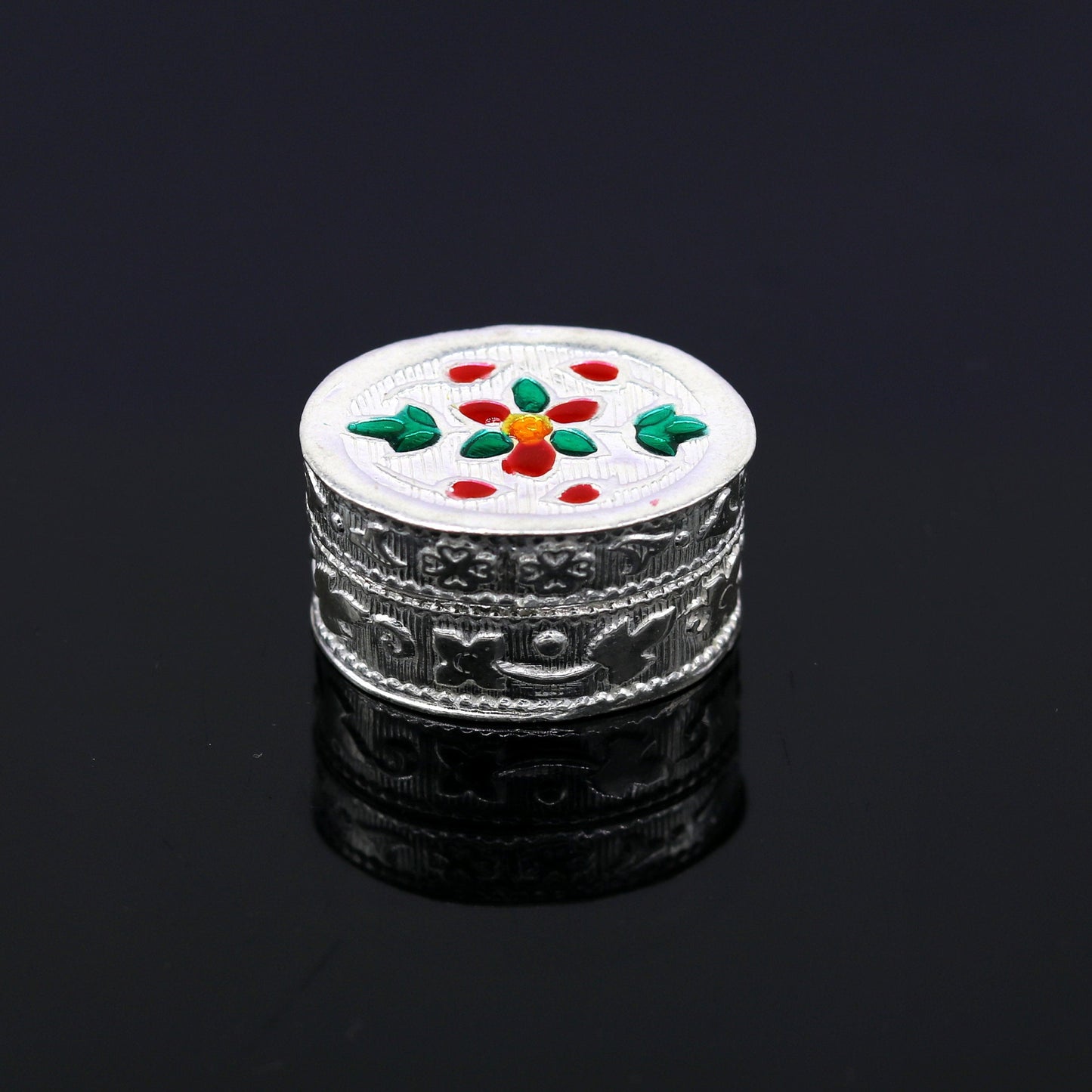 925 sterling silver handmade gorgeous oval shape small trinket box, floral enamel casket box, gifting container box, silver article stb76 - TRIBAL ORNAMENTS