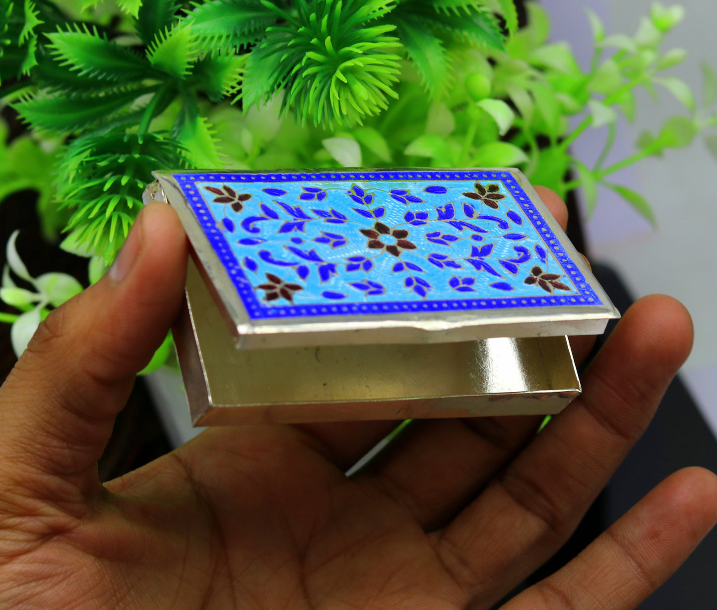 Handmade pure silver 925 sterling silver floral enamel work customize trinket, jewelry box, pills box, silver utensils brides gift stb29 - TRIBAL ORNAMENTS