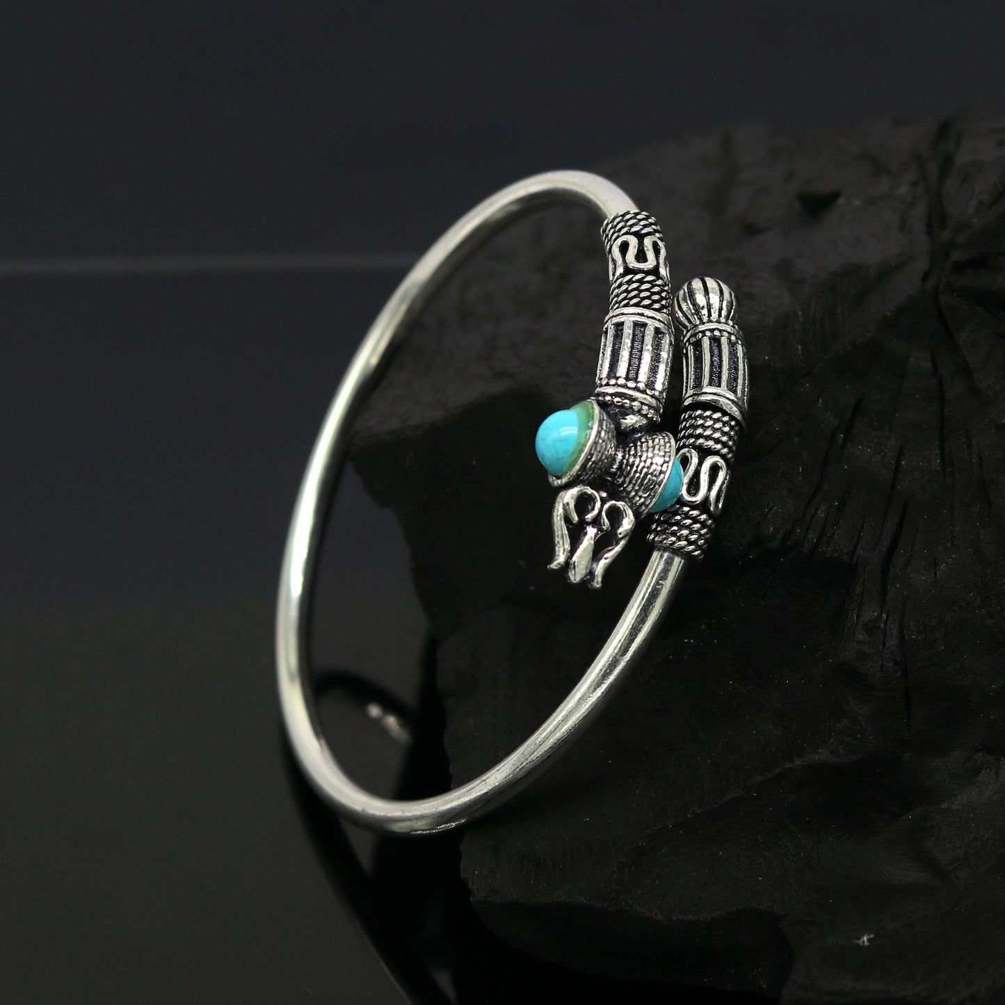 Pure 925 sterling silver blue turquoise stone bahubali shiva kada trishul kada bangle bracelet unisex vintage design jewelry gift nssk333 - TRIBAL ORNAMENTS