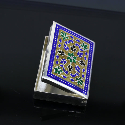 Awesome vintage style 925 pure silver green floral enamel work trinket box, jewelry box, pills box, silver articles brides gifting stb22 - TRIBAL ORNAMENTS
