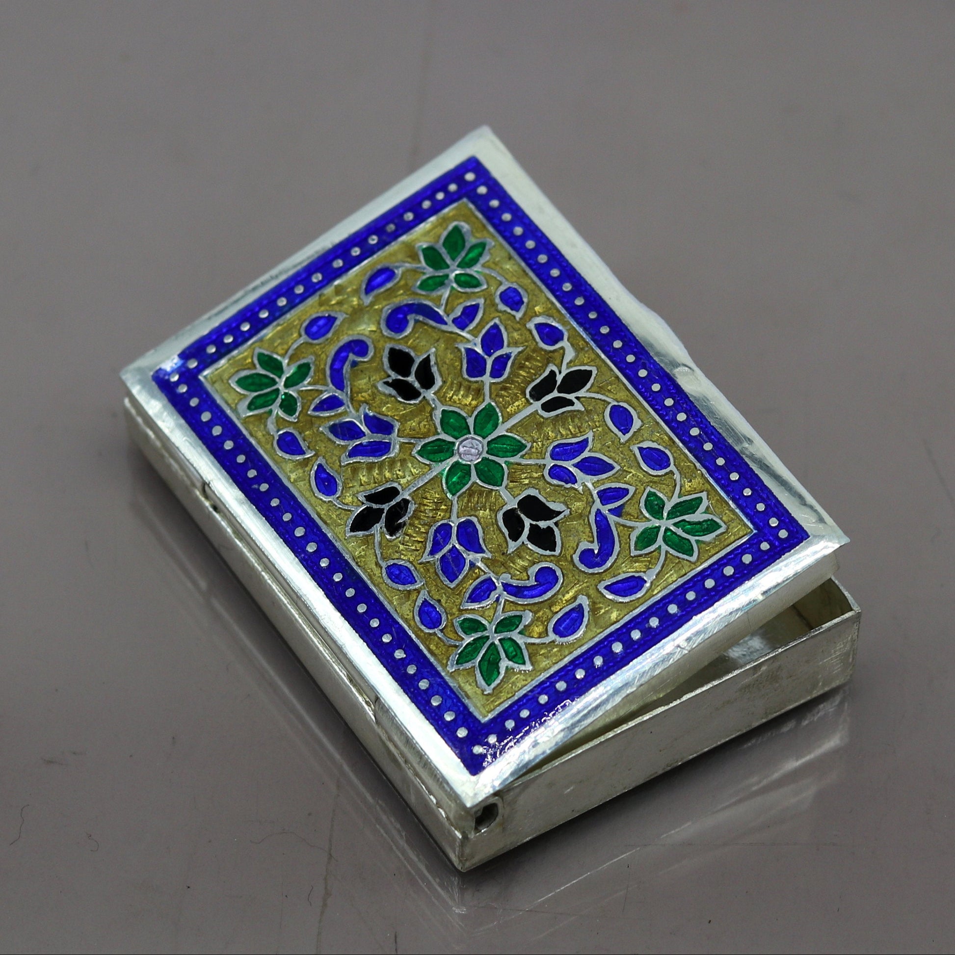 Awesome vintage style 925 pure silver green floral enamel work trinket box, jewelry box, pills box, silver articles brides gifting stb22 - TRIBAL ORNAMENTS