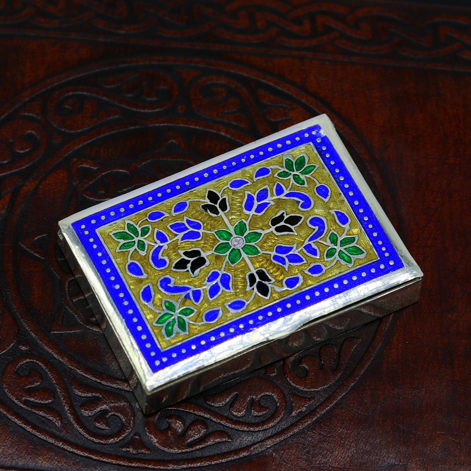 Awesome vintage style 925 pure silver green floral enamel work trinket box, jewelry box, pills box, silver articles brides gifting stb22 - TRIBAL ORNAMENTS