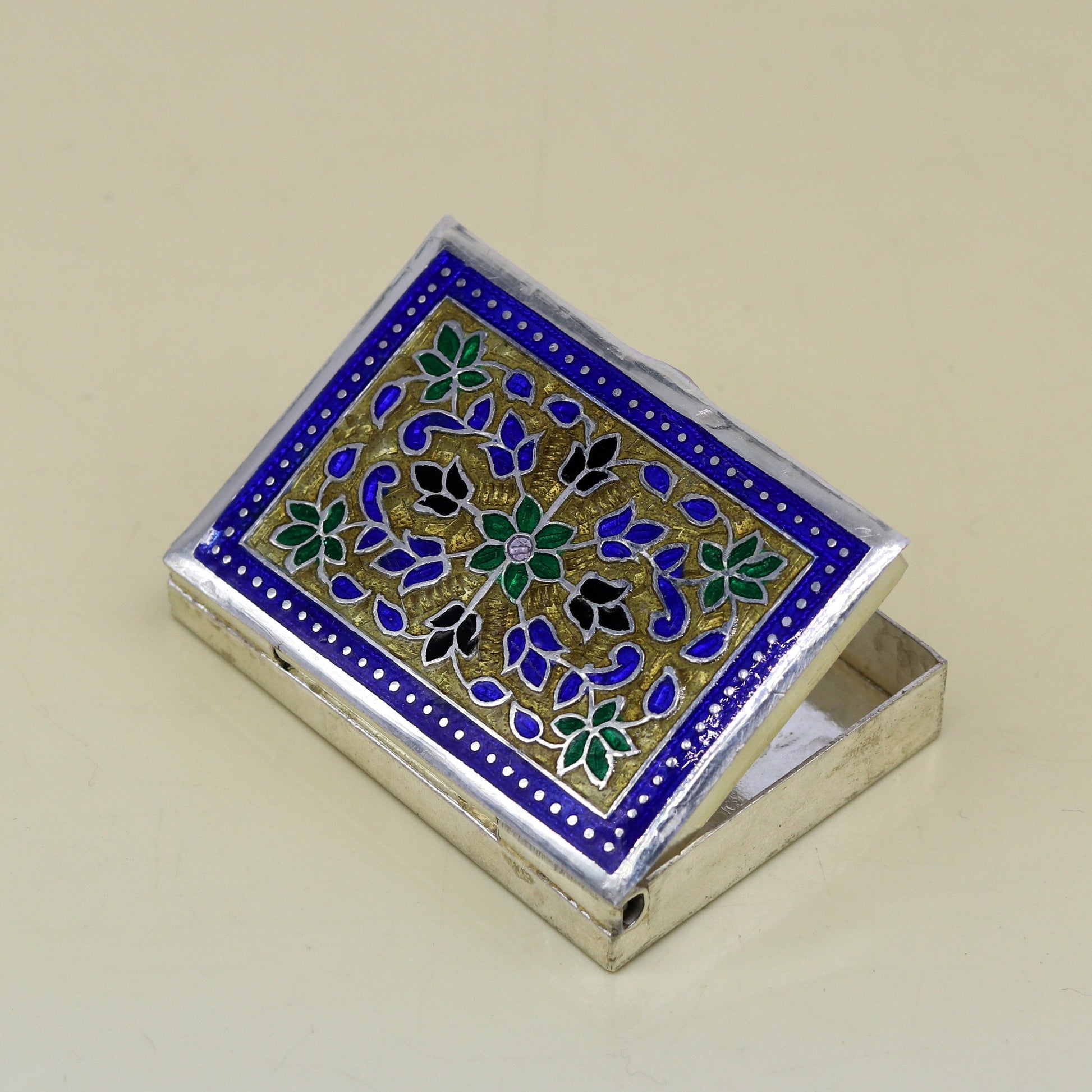 Awesome vintage style 925 pure silver green floral enamel work trinket box, jewelry box, pills box, silver articles brides gifting stb22 - TRIBAL ORNAMENTS