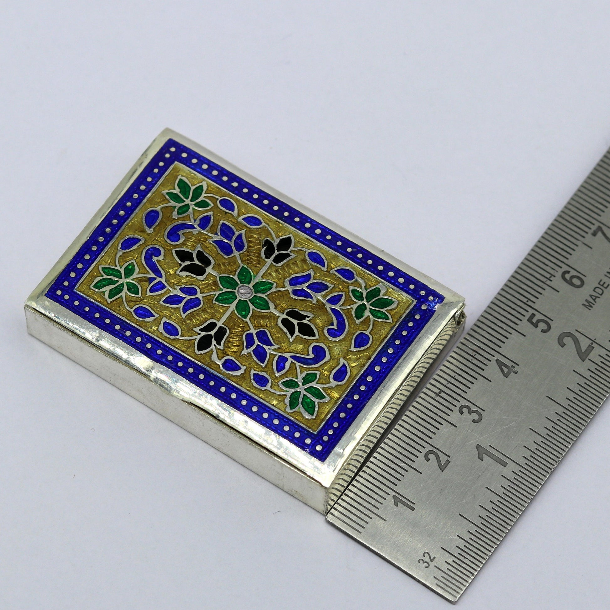 Awesome vintage style 925 pure silver green floral enamel work trinket box, jewelry box, pills box, silver articles brides gifting stb22 - TRIBAL ORNAMENTS