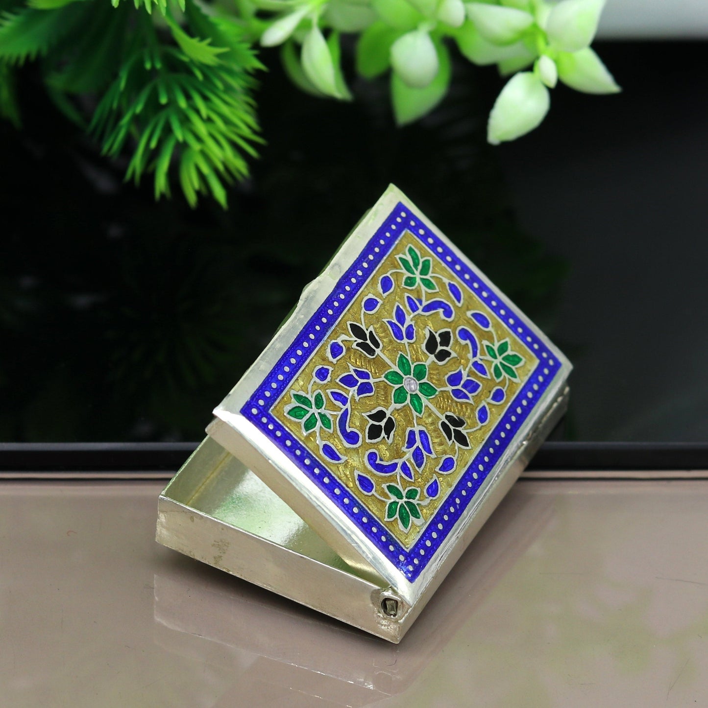 Awesome vintage style 925 pure silver green floral enamel work trinket box, jewelry box, pills box, silver articles brides gifting stb22 - TRIBAL ORNAMENTS