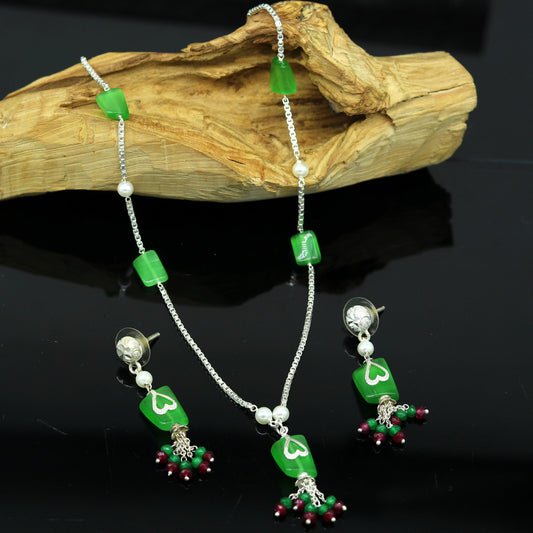925 Sterling silver rectangular semi precious green stone short charm necklace, best gift for her, bridal set light weight belly dance nec76 - TRIBAL ORNAMENTS