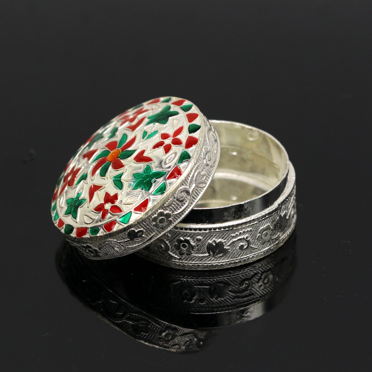 925 sterling silver trinket box, kumkum box/ casket box bridal gifts enamel jewelry box collection, container box, jewelry box art stb49 - TRIBAL ORNAMENTS